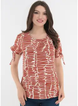 Bluza cu print abstract caramiziu si fundite la maneci