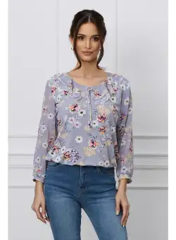Bluza Daria gri cu imprimeuri florale galbene si roz