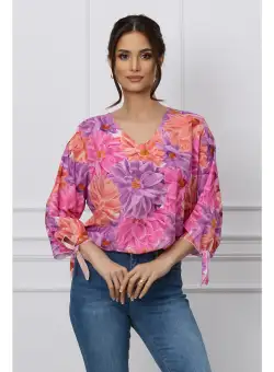 Bluza Dima lila cu imprimeuri florale maxi corai si fucsia