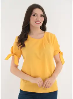 Bluza din vascoza mustar cu fundite la maneci