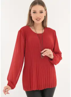 Bluza din voal plisat caramiziu cu lantisor