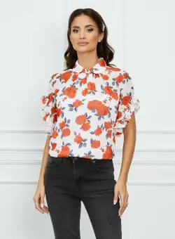 Bluza Dy Fashion alba cu flori rosii si volanase la maneci