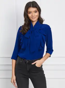 Bluza Dy Fashion bleumarin cu volanase pe bust si funda la guler