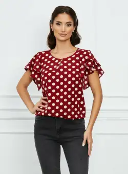 Bluza Dy Fashion bordo cu buline roz si volane pe maneci