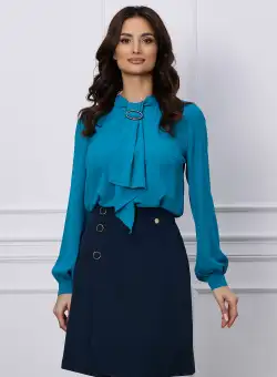 Bluza Dy Fashion turcoaz cu aplicatie tip cravata si inel metalic