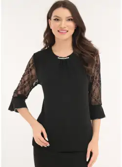 Bluza eleganta neagra cu maneci din dantela si strasuri la decolteu