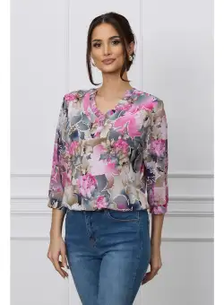 Bluza Feli gri cu imprimeuri maro si fucsia