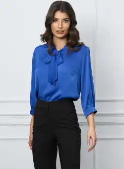 Bluza Ioana albastra cu funda la guler