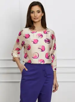 Bluza Iriana bej cu imprimeuri fucsia