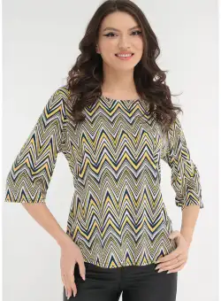 Bluza lejera cu imprimeu zig-zag bleumarin-mustar