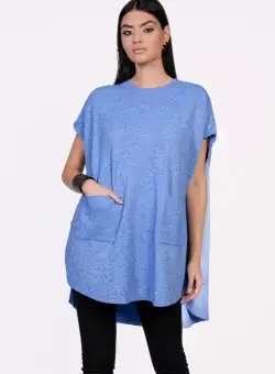 Bluza Mona tip poncho albastru din tricot cu buzunare