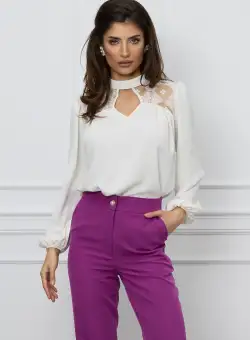 Bluza Moze alba cu dantela la bust