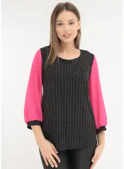 Bluza neagra cu glitter si maneci din voal roz