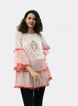 Bluza Rochie tunica brodata cu imprimeu si ciucuri