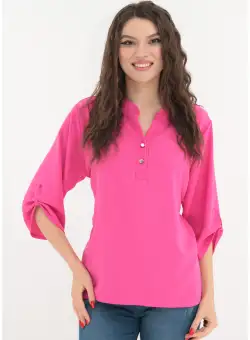 Bluza uni fucsia cu guler tunica si nasturi argintii