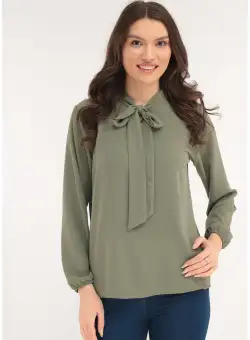 Bluza uni olive cu esarfa la decolteu