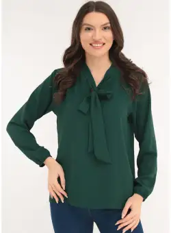 Bluza uni verde cu esarfa la decolteu