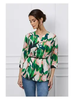Bluza Vanessa ivory cu imprimeu verde-roz si curea in talie