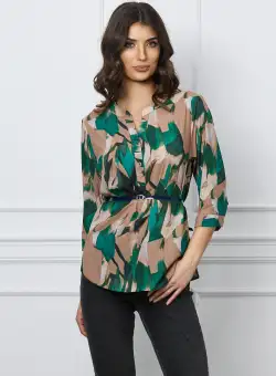 Bluza Vanessa maro cu imprimeu verde si curea in talie