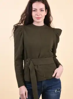 Bluza verde cu umeri supradimensionati si centura detasabila