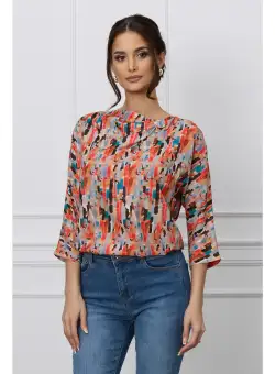 Bluza Zora orange cu imprimeuri gri si aplicatie tip nod la decolteu