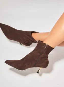 Botine dama cu Toc Maro din Piele Ecologica Intoarsa Daya