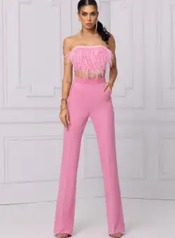 Bustiera eleganta roz cu pene si perle