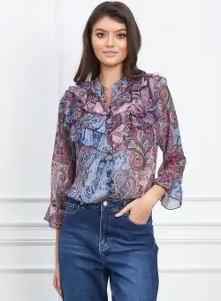 Camasa Anemona roz cu imprimeuri bleu si volane