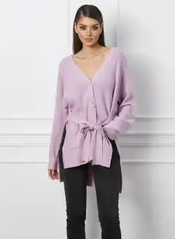 Cardigan Andreea lila cu buzunare si cordon in talie