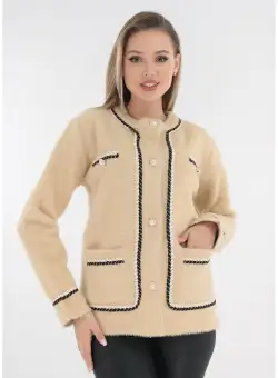 Cardigan elegant bej cu banda crosetata bicolora si nasturi tip perla