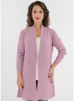 Cardigan lila tricotat cu model in relief si brosa