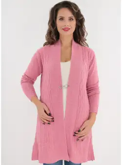 Cardigan roz tricotat cu model in relief si brosa