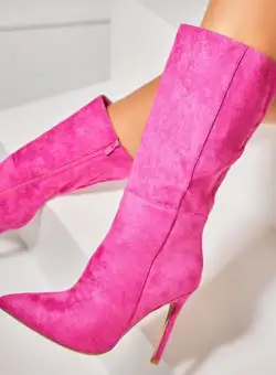 Cizme cu toc Piele Ecologica Intoarsa Fucsia Vincy