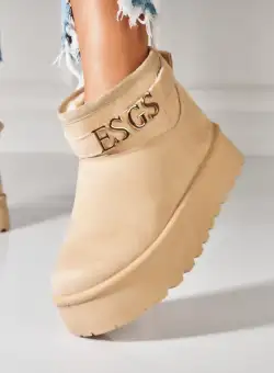 Cizme Dama Imblanite Bej din Piele Ecologica Intoarsa Muna