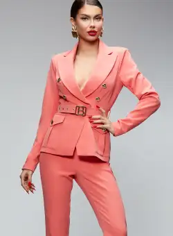 Compleu elegant somon din doua piese cu pantaloni conici cu talie inalta