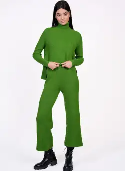 Compleu Ramona verde din tricot cu bluza si pantaloni