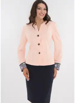 Costum compus din sacou roz si fusta conica bleumarin