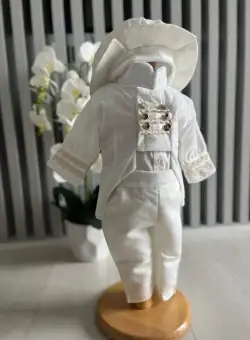 Costum de Print cu redingota pentru Botez - Alb