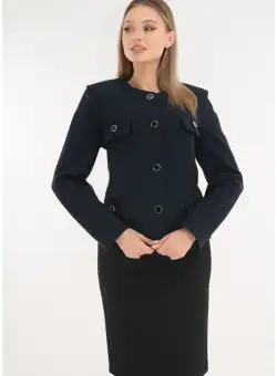 Costum - sacou din stofa bleumarin si fusta neagra din stofa