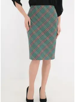 Fusta office turcoaz cu model in carouri maro