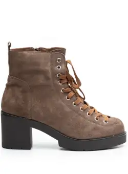 Ghete dama din piele naturala cu siret pana in varf, Leofex - 193-2 Taupe velur