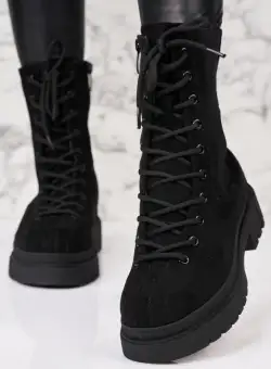 Ghete Dama Imblanite Negre din Piele Ecologica Intoarsa Adilee