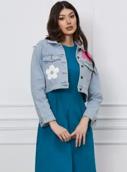 Jacheta scurta din denim cu strasuri si flori