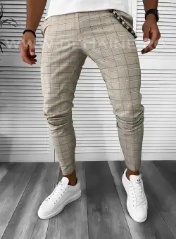 Pantaloni barbati casual regular fit bej in carouri B7878 E 6-5