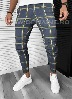 Pantaloni barbati casual regular fit bleumarin in carouri B7841 7-2 E~