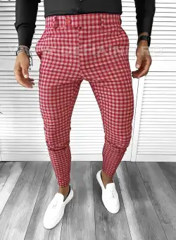 Pantaloni barbati eleganti rosii in carouri B1855 250-3 E F5-3