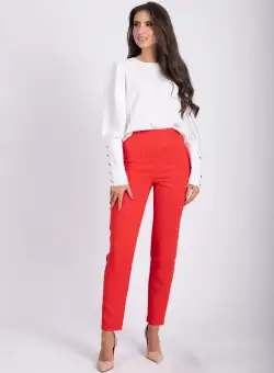 Pantaloni eleganti pana cu talie inalta de culoare corai