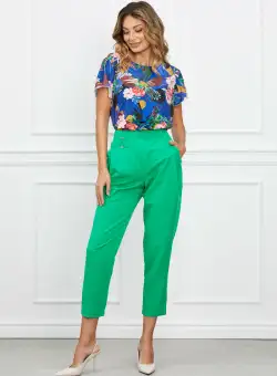 Pantaloni Leticia verzi cu pliuri si catarama