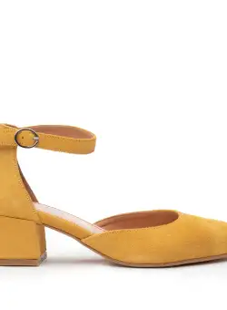 Pantofi casual cu toc damă de piele naturală, Leofex - 221 Muștariu Velur