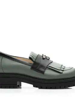 Pantofi casual damă din piele naturală, Leofex - 405 Verde Negru Box